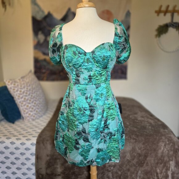 Lulus Luxe Direction Teal Green Floral Jacquard Puff Sleeve Mini Dress XL NWT - Picture 4 of 16